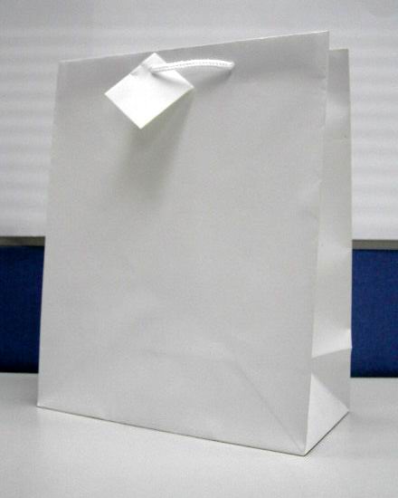 Однотонные белые подарочные пакеты без ламинации ( размеры 26 x 33 x 13 см ), готовые для нанесения Вашего логотипа